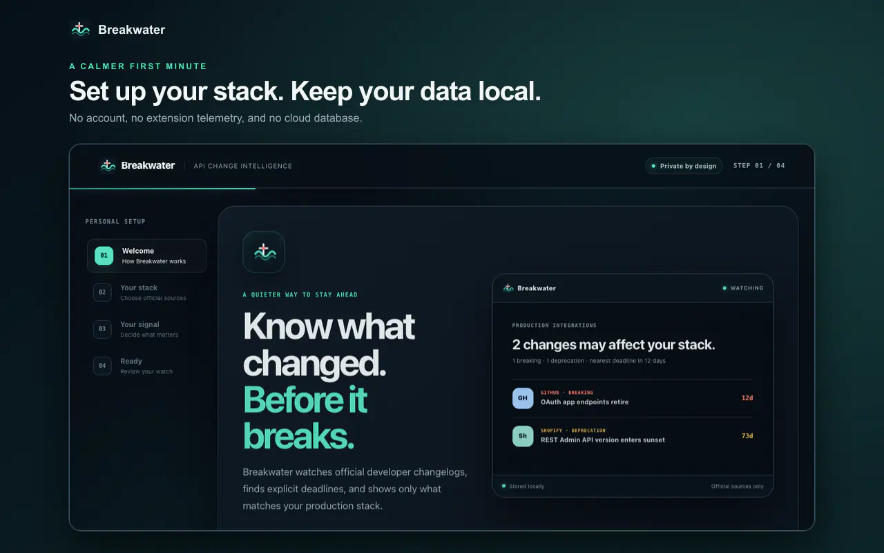 Breakwater onboarding showing its local-first setup and product preview