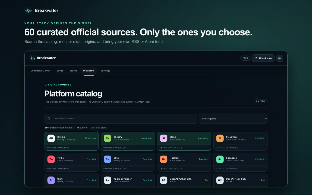 Breakwater catalog of curated official changelog and release sources